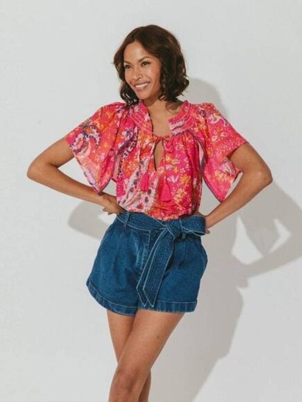 Cleobella Ayaz Hibiscus Print Blouse 100% Organic Cotton Bohemian Pink - Large